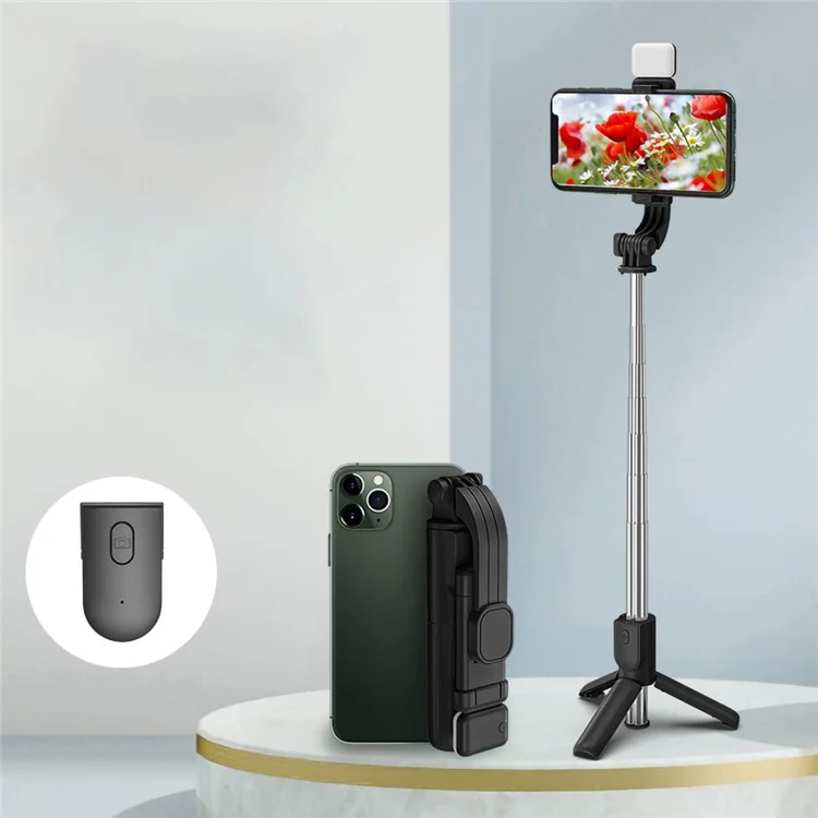 H8s Wireless Bluetooth-compatible Selfie Stick Foldable Mini Tripod Telescopic Monopod with Fill Light Remote Control for Smartphone - Black