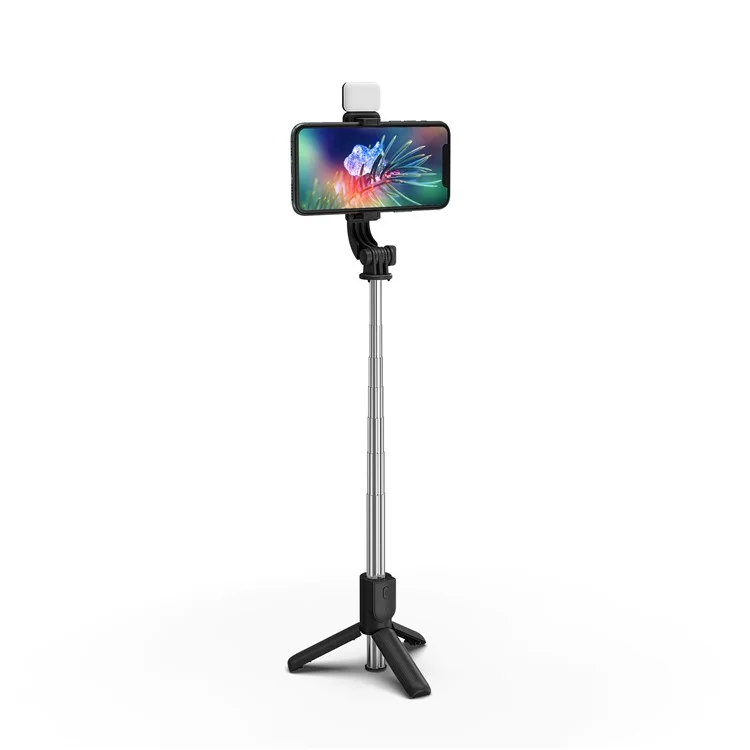 H8s Wireless Bluetooth-compatible Selfie Stick Foldable Mini Tripod Telescopic Monopod with Fill Light Remote Control for Smartphone - Black