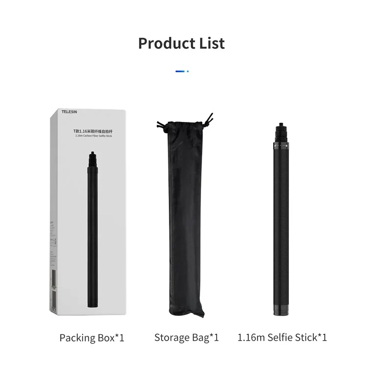 TELESIN TE-MNP-117 1.16m Carbon Fiber Selfie Stick Adjustable Length Monopod with 1/4 Screw Hole for Phone Action Camera