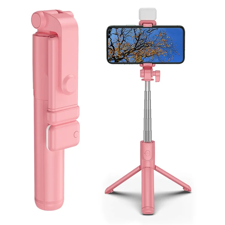 H1S 100cm Retractable Integrated Bluetooth-compatible Tripod Phone Holder Portable Adjustable Selfie Stick with Light - Pink