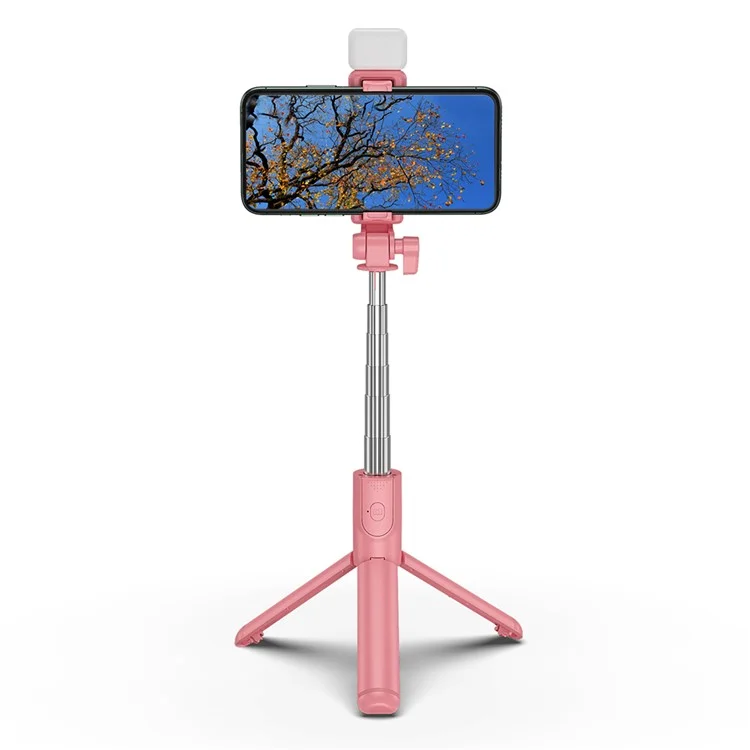 H1S 100cm Retractable Integrated Bluetooth-compatible Tripod Phone Holder Portable Adjustable Selfie Stick with Light - Pink