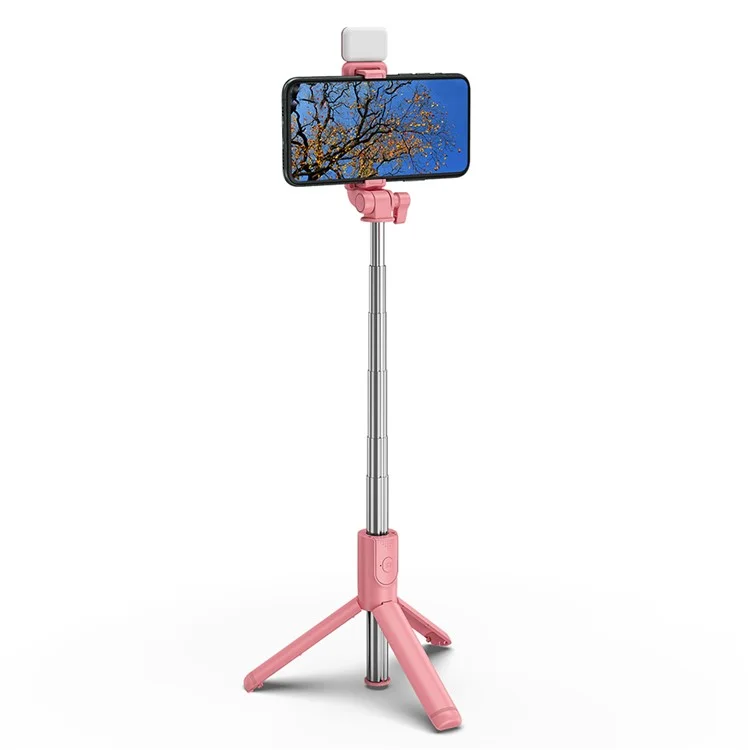 H1S 100cm Retractable Integrated Bluetooth-compatible Tripod Phone Holder Portable Adjustable Selfie Stick with Light - Pink