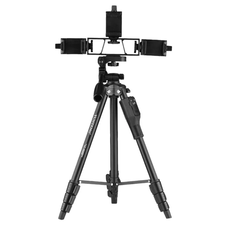 YUNTENG VCT-6808 Multifunctional Mobile Phone Tripod Stand 4 Sections Adjustable Tripod with 3 Mobile Phone Holders/Ball Gimbal/Remote Control