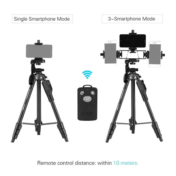 Yunteng VCT-6808 Tripé Multifuncional do Celular Stand 4 Seções Tripé Ajustável Com 3 Titulares de Telefones Celulares/controle de Bola/controle Remoto