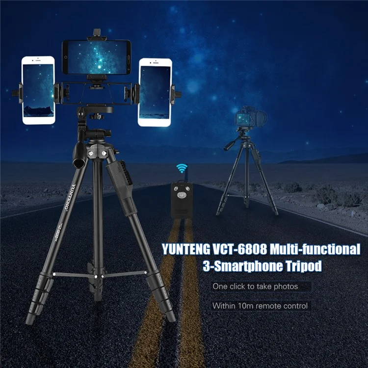 YUNTENG VCT-6808 Multifunctional Mobile Phone Tripod Stand 4 Sections Adjustable Tripod with 3 Mobile Phone Holders/Ball Gimbal/Remote Control