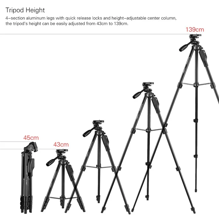 YUNTENG VCT-6808 Multifunctional Mobile Phone Tripod Stand 4 Sections Adjustable Tripod with 3 Mobile Phone Holders/Ball Gimbal/Remote Control