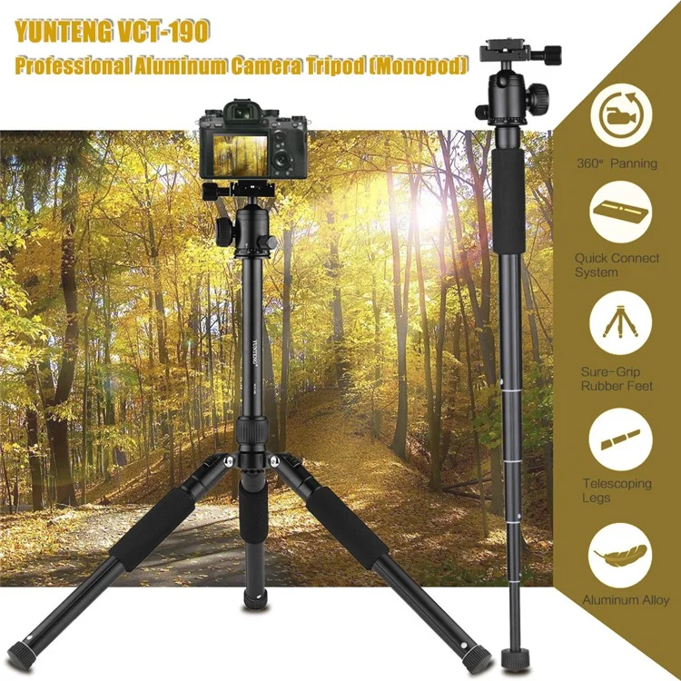 YUNTENG VCT-190 Professional Camera Tripod Stand Portable Monopod with Ball Head 5-Section Adjustable Camera Tripod for SLR ILDC Camcorder DV