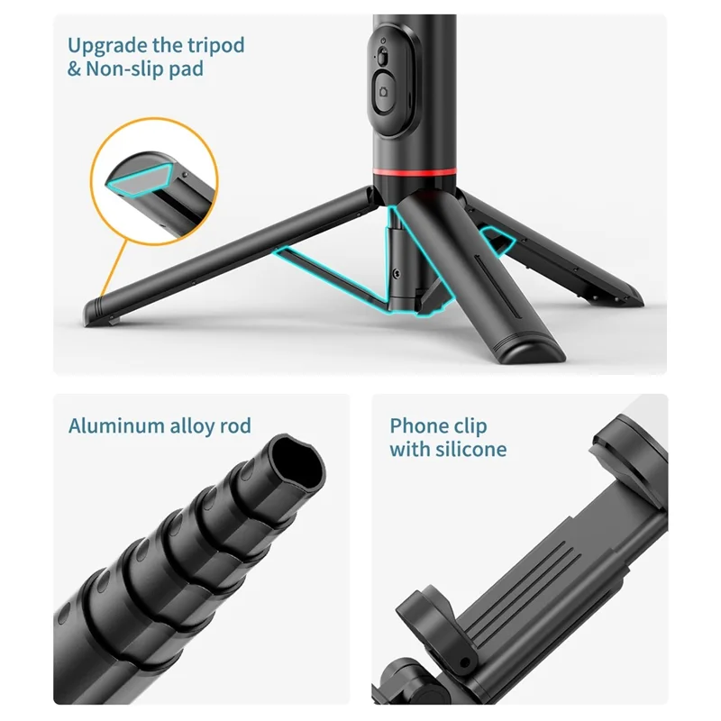 Q12S حامل ثلاثي القوائم مصنوع من سبائك الألومنيوم مع عصا سيلفي وإضاءة وريموت كонтrol لاسلكي بلوتوث - وردي