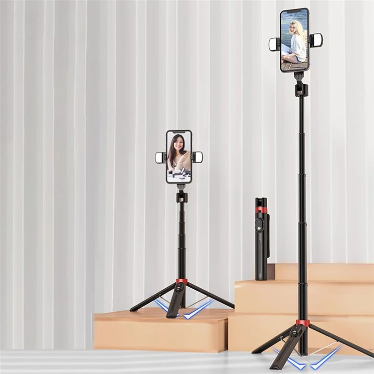 P140D-2 1.4m Portable Bluetooth-compatible Selfie Stick Extendable Tripod Phone Stand with Dual Fill Lights Support 360-Degree Rotating Photography Devices - Black