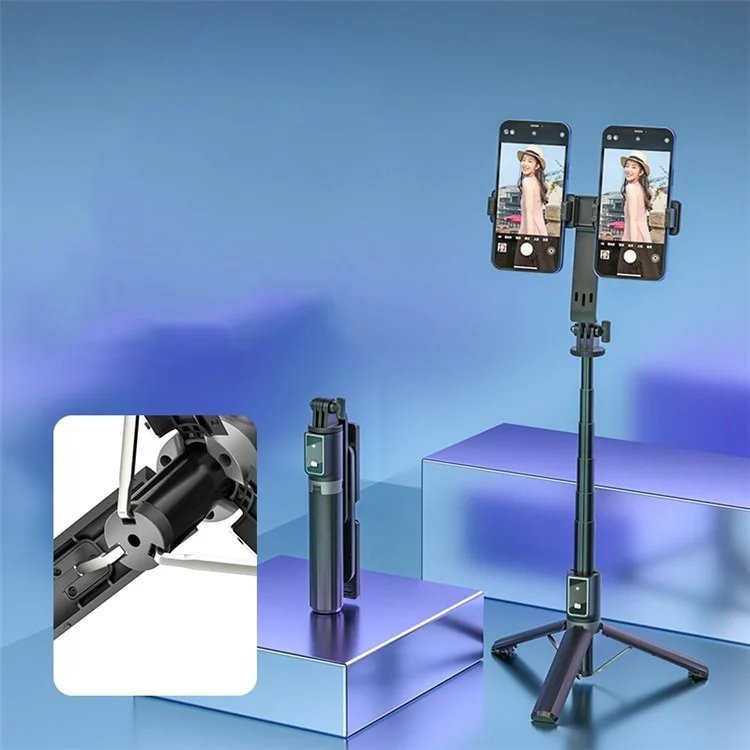 P40L Aluminium Alliage Télescopique Tripod Stand Bluetooth Remote Control Stick Stick With Double Phone Horse (pas de Lumière de Remplissage)