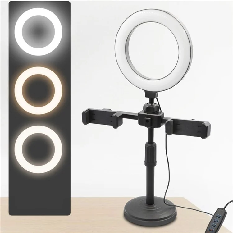 A-05 6-Inch Video Light LED Ring Fill Light Stand with 2 Phone Clamps for Webcam Online Teaching Live-streaming Photography