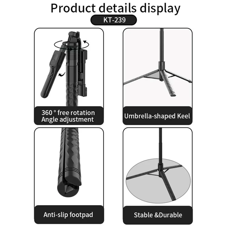JMARY KT-239 1.75m Telescopic Selfie Stick Tripod Stand Cell Phone Clip Rotation Design Camera Mount Holder