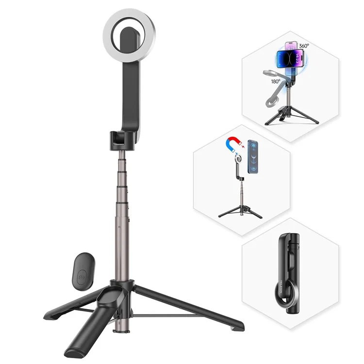 TELESIN WS-22005 Magnetic Phone Mini Selfie Stick Bluetooth Control Aluminum Alloy Tripod Telescopic Monopod per iPhone 12-15 Series