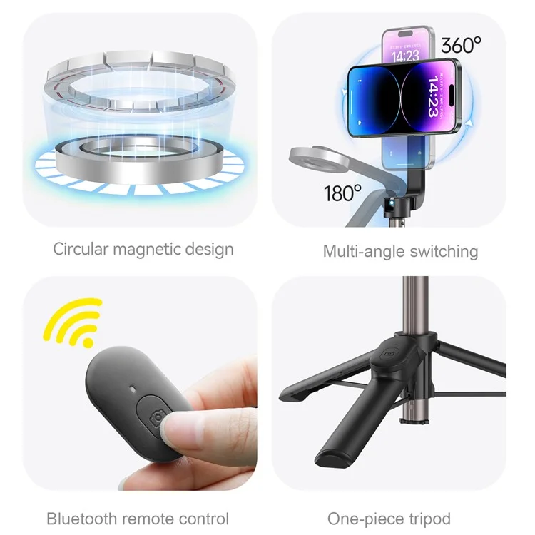 TELESIN WS-22005 Magnetic Phone Mini Selfie Stick Bluetooth Control Aluminum Alloy Tripod Telescopic Monopod per iPhone 12-15 Series