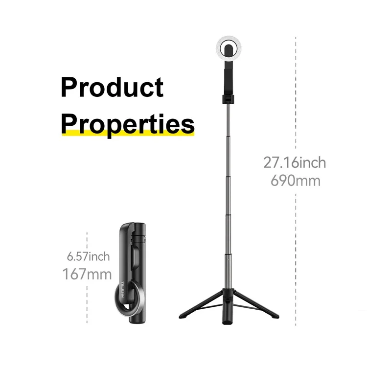 Telesin WS-22005 Magnétique Phone Mini Selfie Stick Bluetooth Contrôle en Aluminium Trélescopie en Alliage Aluminium Monopode