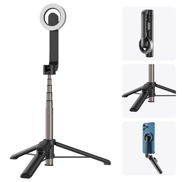 TELESIN WS-22005 Magnetic Phone Mini Selfie Stick Bluetooth Control Aluminum Alloy Tripod Telescopic Monopod for iPhone 12-15 Series