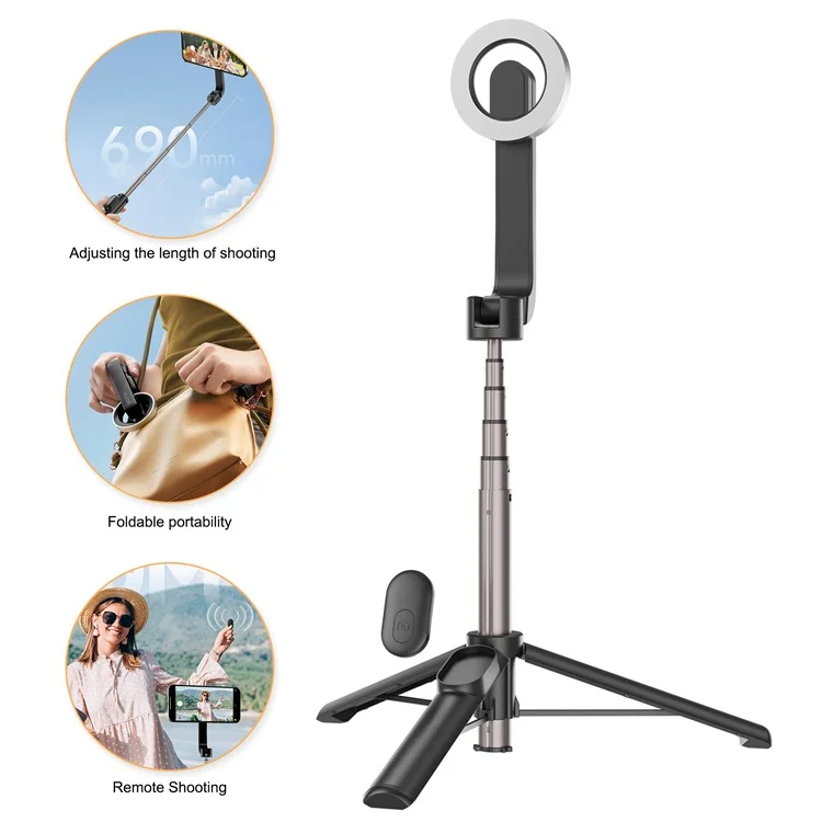 TELESIN WS-22005 Magnetic Phone Mini Selfie Stick Bluetooth Control Aluminum Alloy Tripod Telescopic Monopod per iPhone 12-15 Series