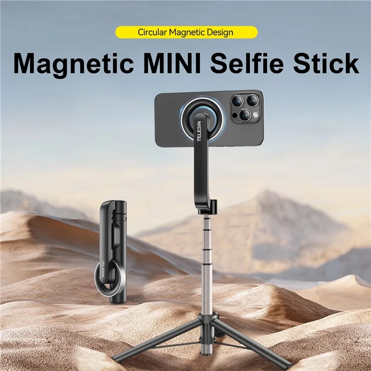 TELESIN WS-22005 Magnetic Phone Mini Selfie Stick Bluetooth Control Aluminum Alloy Tripod Telescopic Monopod for iPhone 12-15 Series