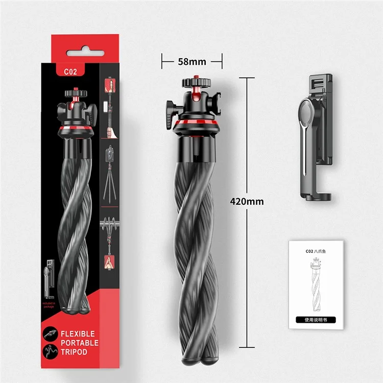 Trépied flexible en forme de poulpe C02 avec fixation 1 / 4 et support téléphone amovible pour la diffusion en direct