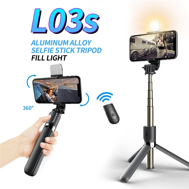 L03S Bastone Selfie Bluetooth Asta in Lega di Alluminio Telescopica Treppiede con Luce di Riempimento - Nero