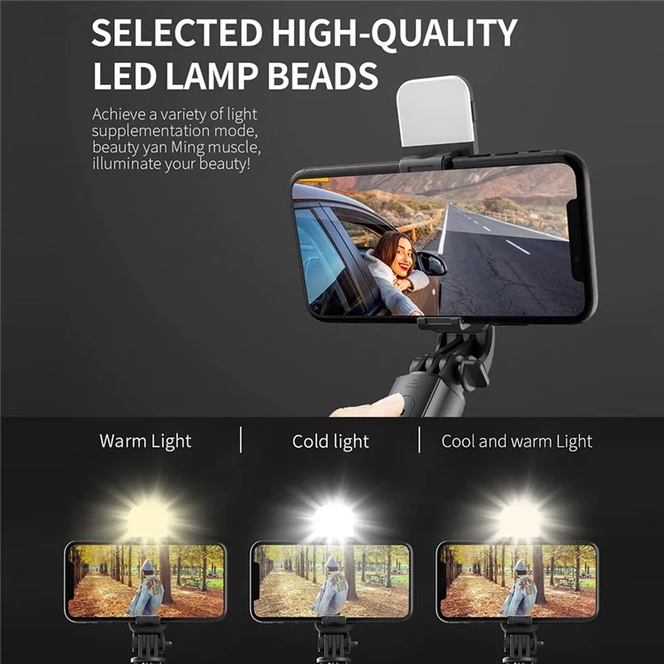 L03S Bastone Selfie Bluetooth Asta in Lega di Alluminio Telescopica Treppiede con Luce di Riempimento - Nero