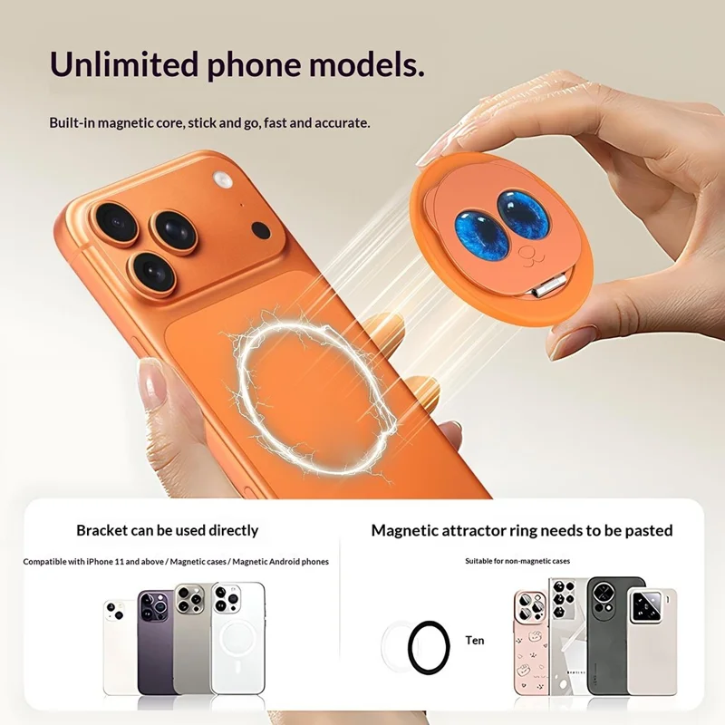 Panda magnetisk foldbar holder 360° med stærk magnet, roterbar spændingsløsende holder til alle flade telefonskærm eller telefoner - Orange