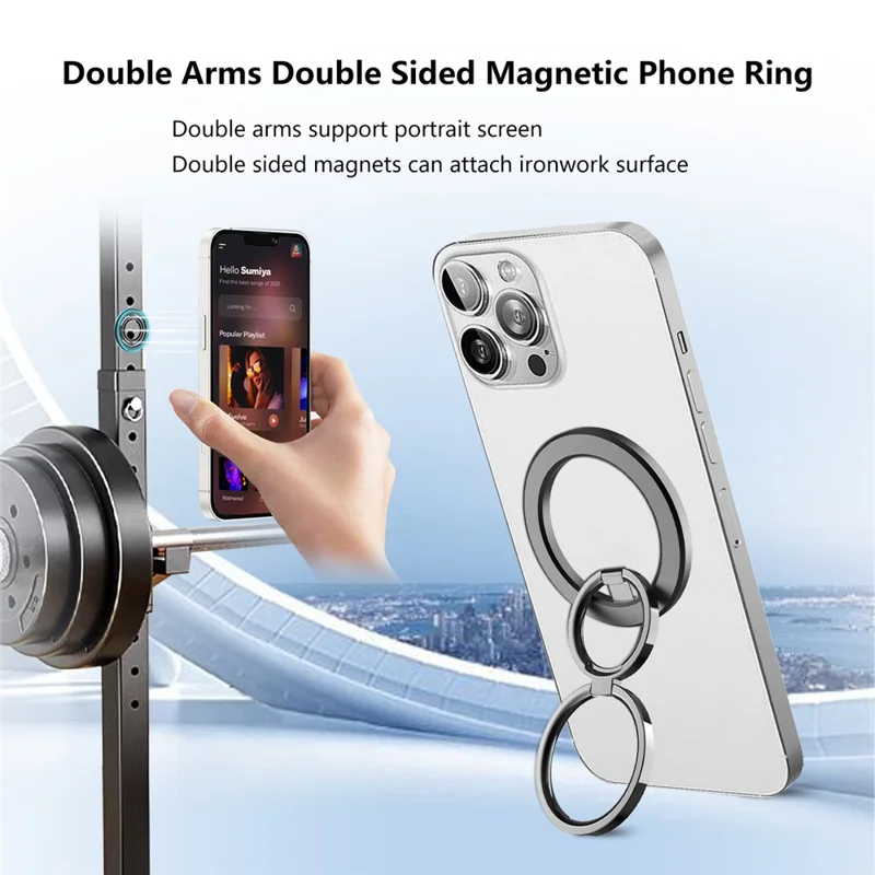 Double Ring Double Sided Magnetic Phone Ring Holder Ultra Strong Magnets 180° Flip Kickstand - Black