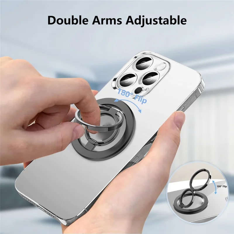 Double Ring Double Sided Magnetic Phone Ring Holder Ultra Strong Magnets 180° Flip Kickstand - Black