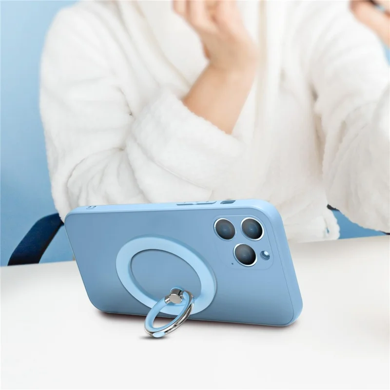 Silicone Feel Magnetic Phone Ring Stand 360° Rotation Foldable Finger Grip Holder Kickstand - Baby Blue