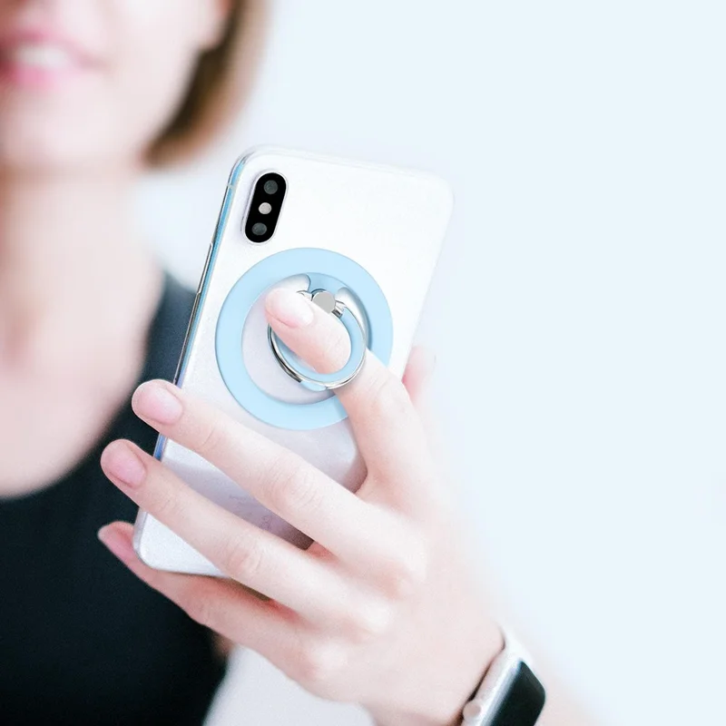 Silicone Feel Magnetic Phone Ring Stand 360° Rotation Foldable Finger Grip Holder Kickstand - Baby Blue