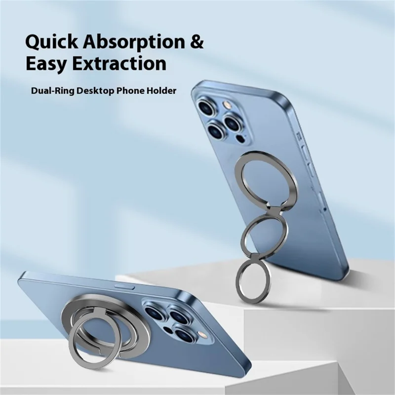 MP-38 Dual Ring Magnetic Phone Stand 125° Rotation Desktop Holder Double Sided Strong Magnet Phone Kickstand - Silver