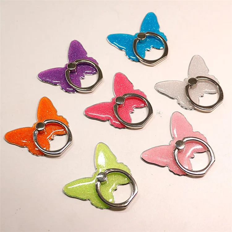 Bague pour téléphone portable en forme de papillon avec paillettes et support amovible - Blanc