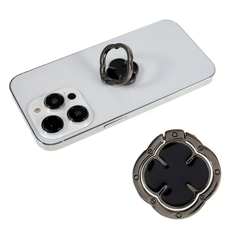 Clover Phone Ring Finger Kickstand Back Stand Holder Bracket Metal Grip Hook  for Smartphone - Black