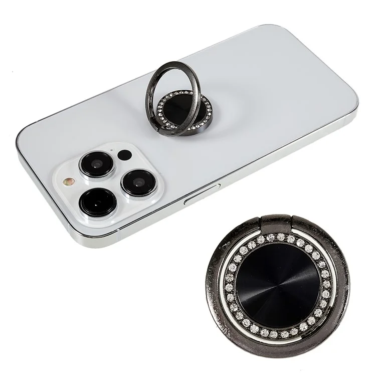 Anello per cellulare con decorazione a strass, supporto reclinabile, supporto per CD, girevole, gancio per dito regolabile - Nero