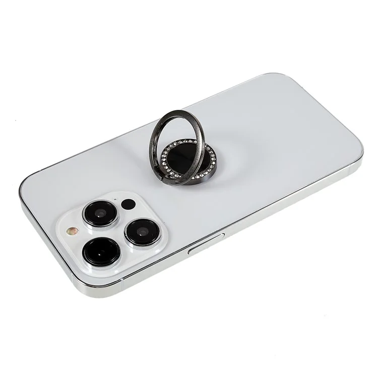 Anello per cellulare con decorazione a strass, supporto reclinabile, supporto per CD, girevole, gancio per dito regolabile - Nero