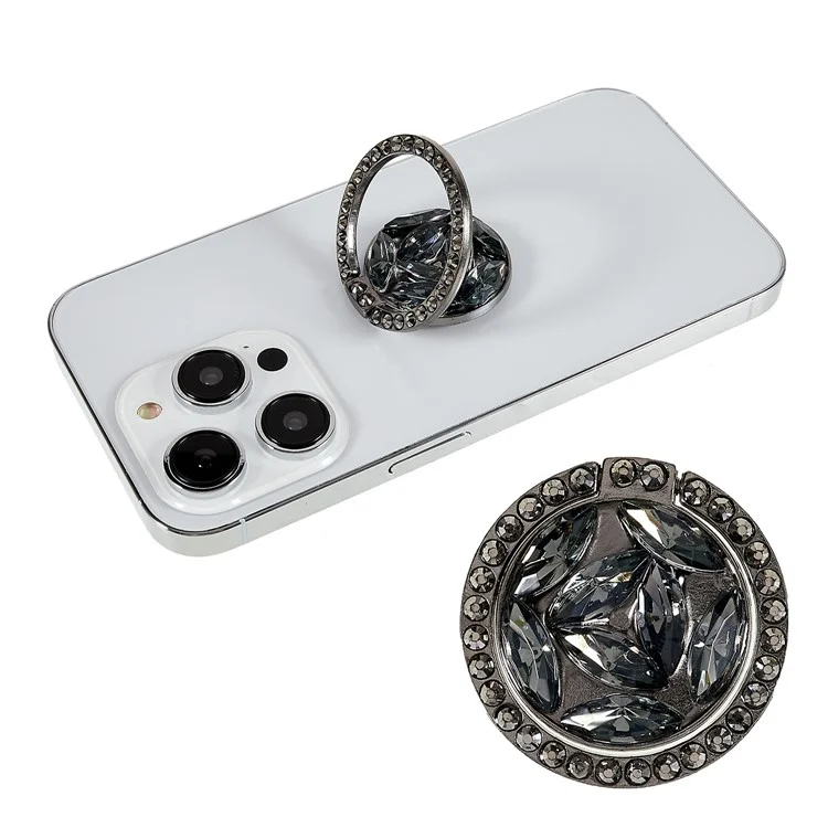 Cell Phone Ring Holder Rhinestone Phone Kickstand Grip Rotation Universal Multi Angle Metal Phone Back Grip - Black