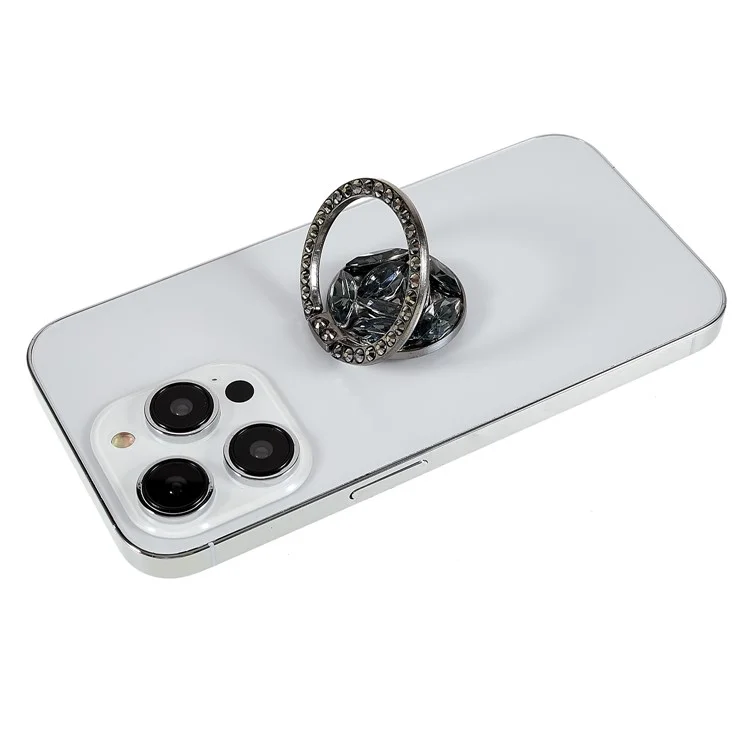 Cell Phone Ring Holder Rhinestone Phone Kickstand Grip Rotation Universal Multi Angle Metal Phone Back Grip - Black