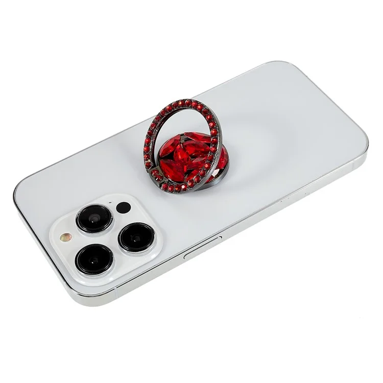 Cell Phone Ring Holder Rhinestone Phone Kickstand Grip Rotation Universal Multi Angle Metal Phone Back Grip - Red