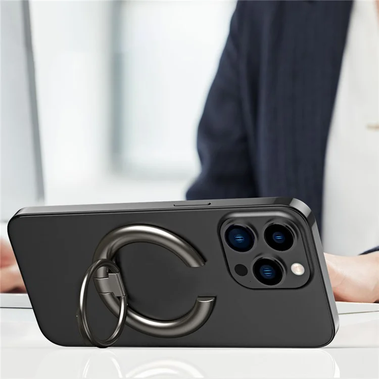 Para iPhone 12 / 13 / 14 Series Electroplating Metal Kickstand Magnetic Folding Finger Ring Phone Holder - Negro