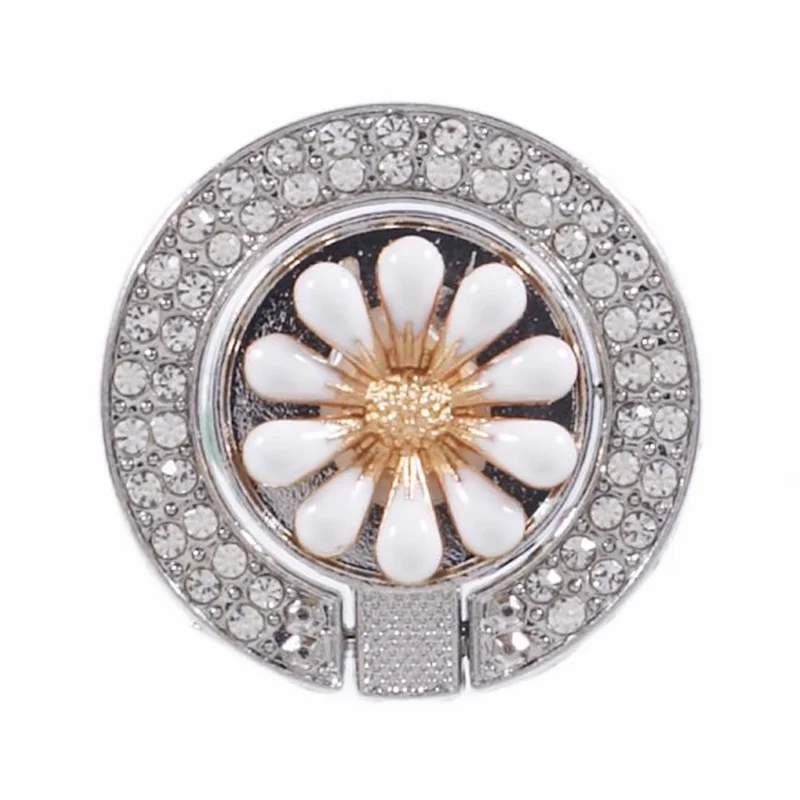 Round Phone Kickstand Adhesive Metal Phone Ring Holder Grip Flower Decoration - White