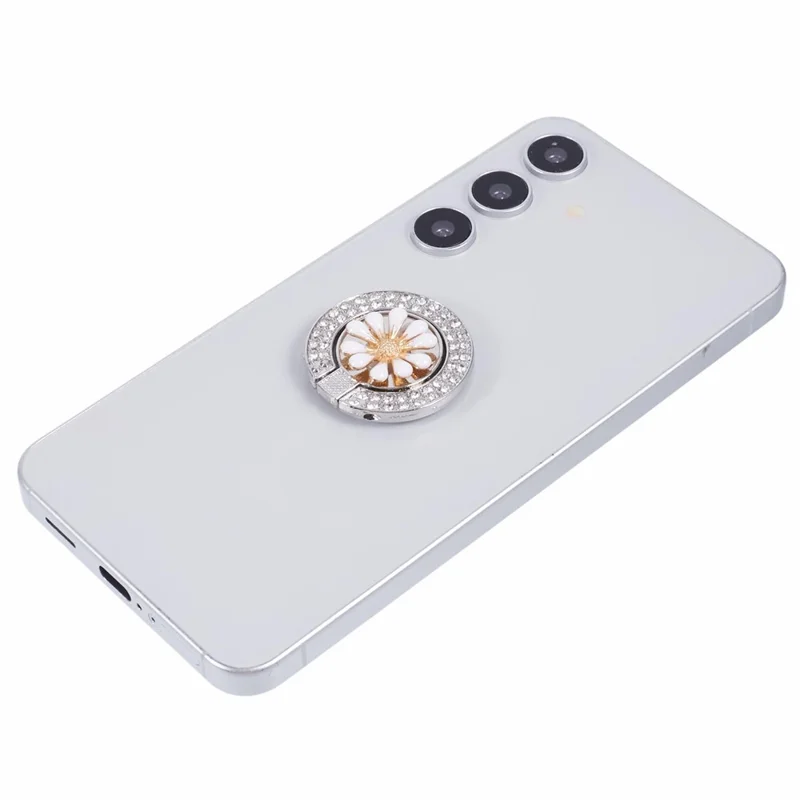Round Phone Kickstand Adhesive Metal Phone Ring Holder Grip Flower Decoration - White