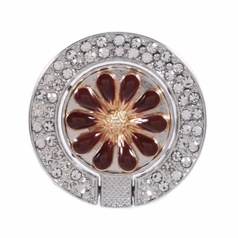 Round Phone Kickstand Adhesive Metal Phone Ring Holder Grip Flower Decoration - Wine Red