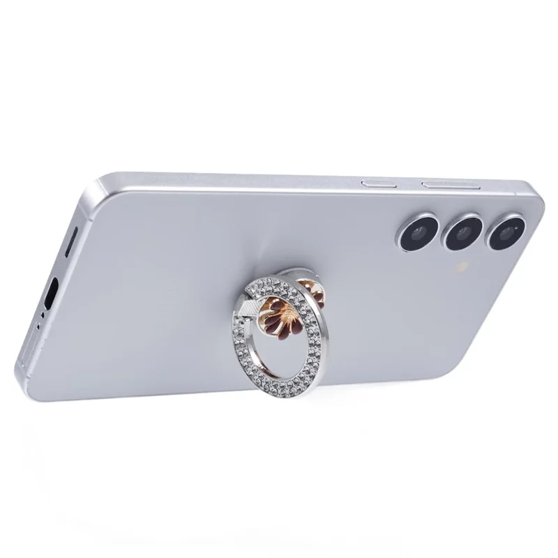 Round Phone Kickstand Adhesive Metal Phone Ring Holder Grip Flower Decoration - Wine Red