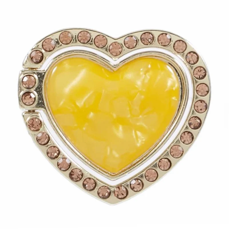 Heart Shaped Phone Kickstand Rhinestone Decor Metal Phone Finger Ring Grip - Yellow