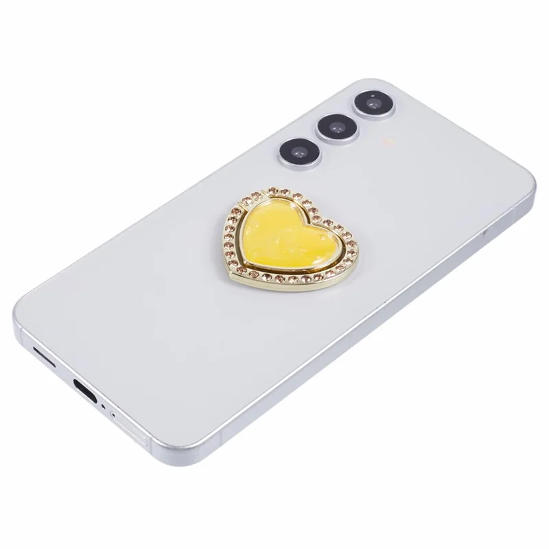 Heart Shaped Phone Kickstand Rhinestone Decor Metal Phone Finger Ring Grip - Yellow