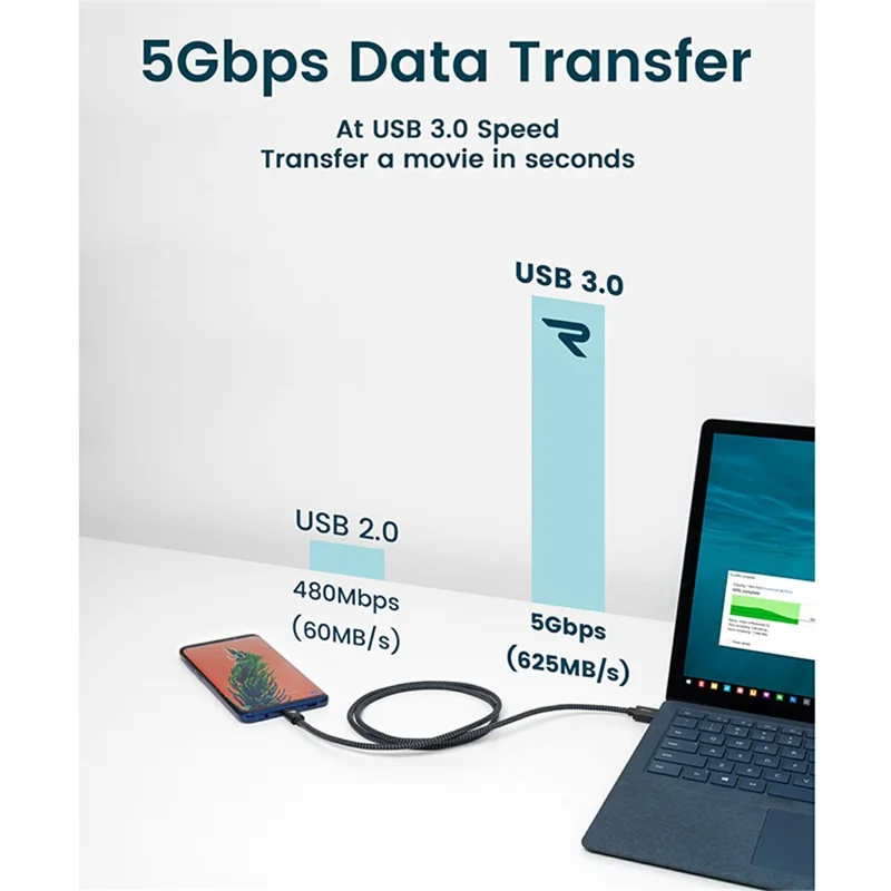 RAMPOW T01 Type-C to USB 3.0 Nylon Braided Data Sync Charging Cable, 1M - Black