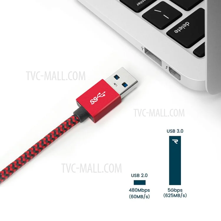 Câble de données et de charge RAMPOW T01 en nylon tressé, Type-C vers USB 3.0, 1M - Rouge