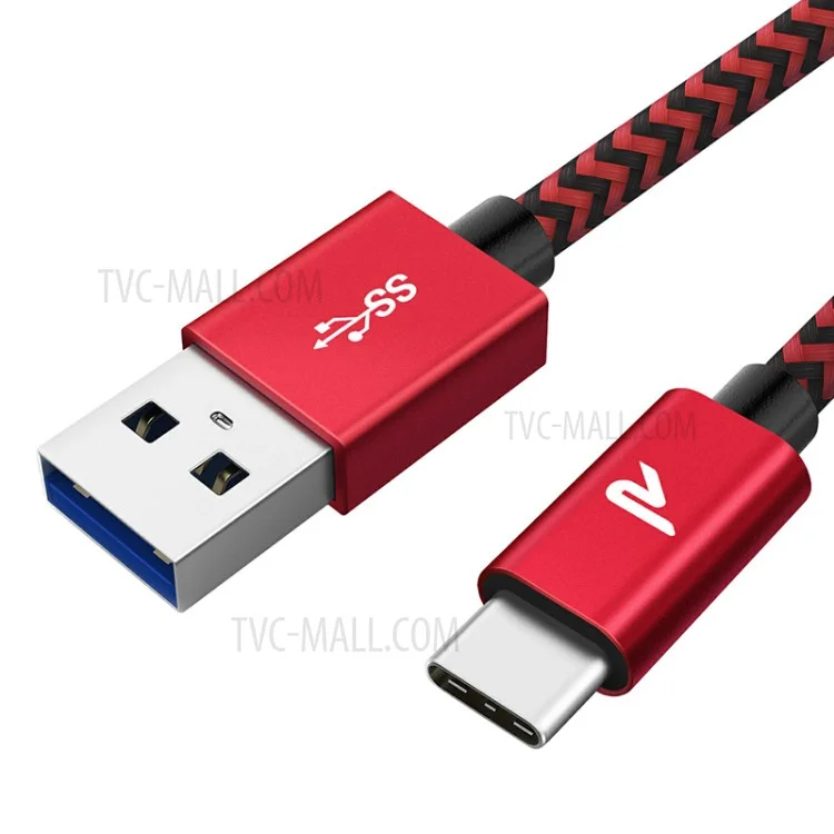 RAMPOW T01 Type-C to USB 3.0 Nylon Braided Data Sync Charging Cable, 1M - Red