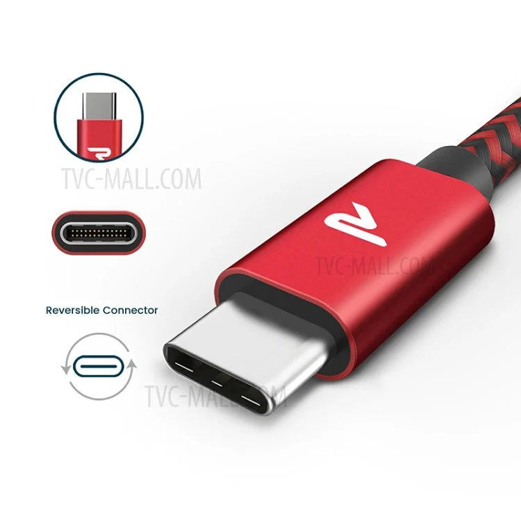 RAMPOW T01 Type-C to USB 3.0 Nylon Braided Data Sync Charging Cable, 1M - Red