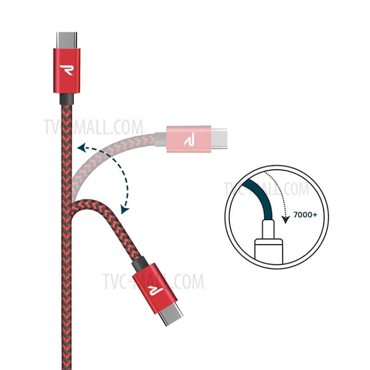 Câble de données et de charge RAMPOW T01 en nylon tressé, Type-C vers USB 3.0, 1M - Rouge